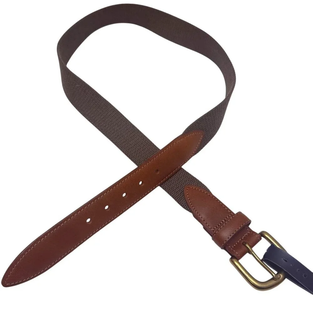 EAST ISLAND Saddle Leather Web Belt Mens Size 34 Brown Olive Green NWT